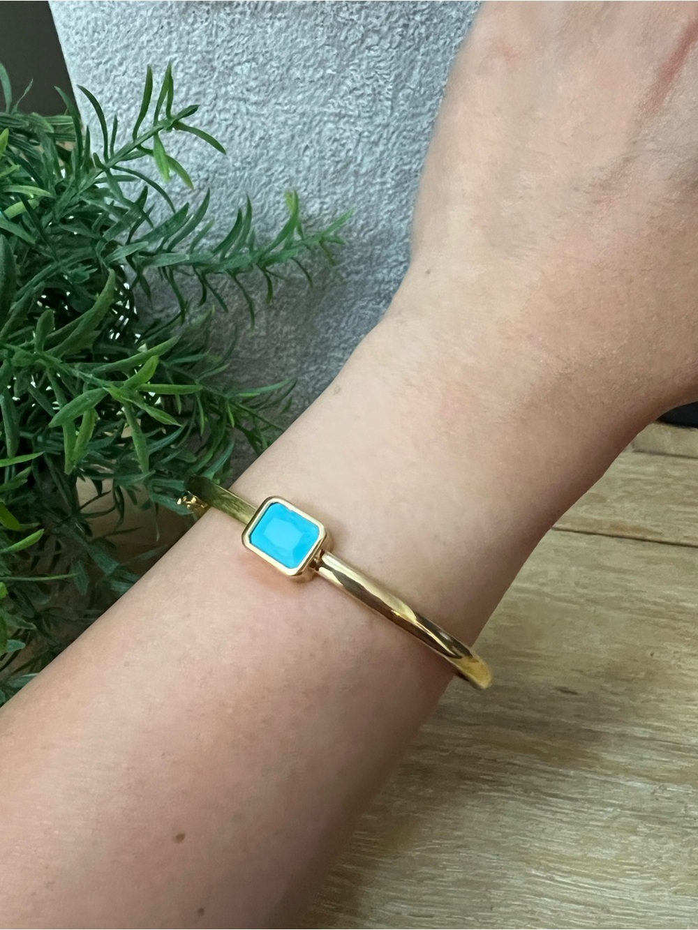 Gold Bangle Bracelet with Turquoise Square Stone